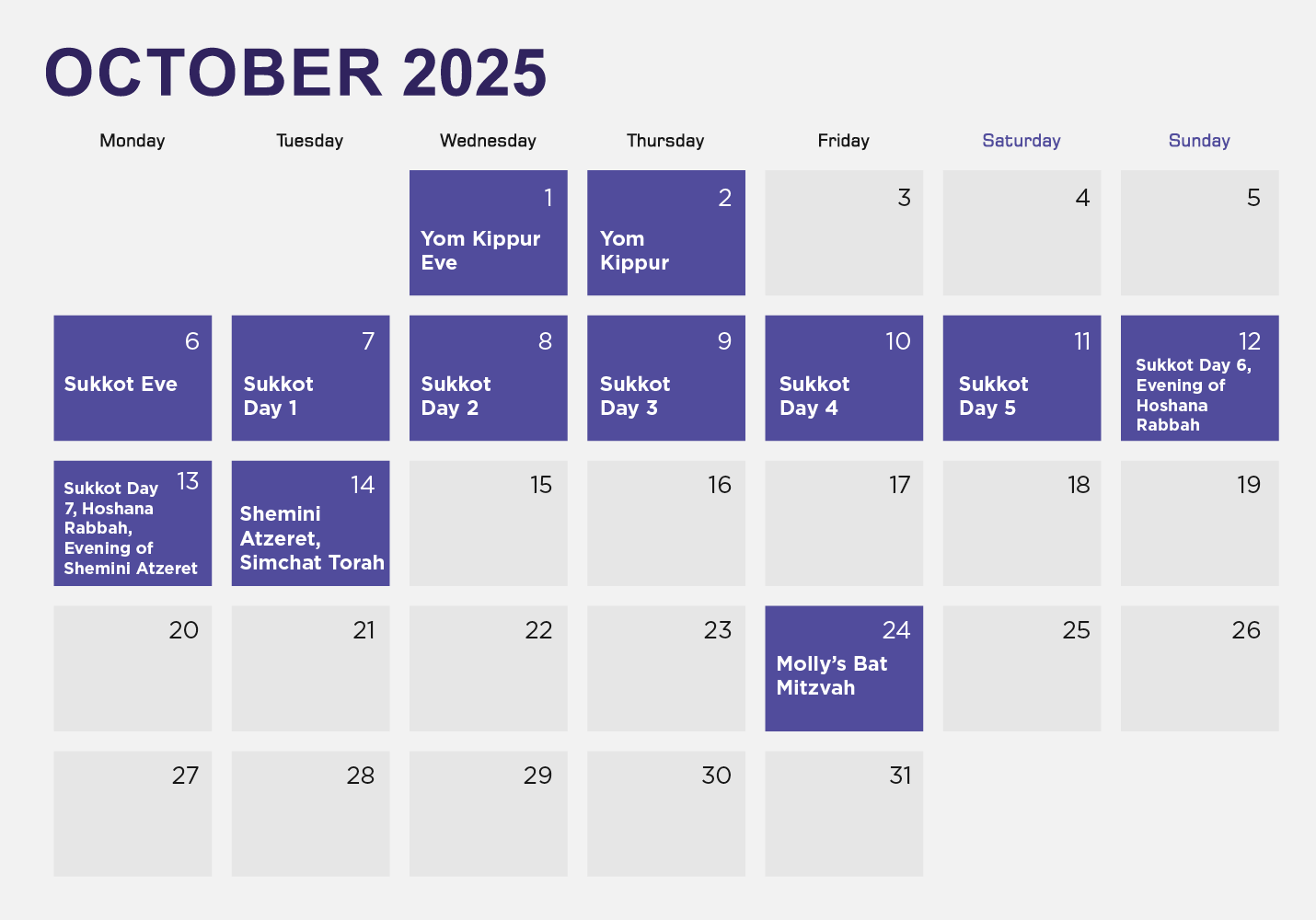 An example synagogue event calendar 